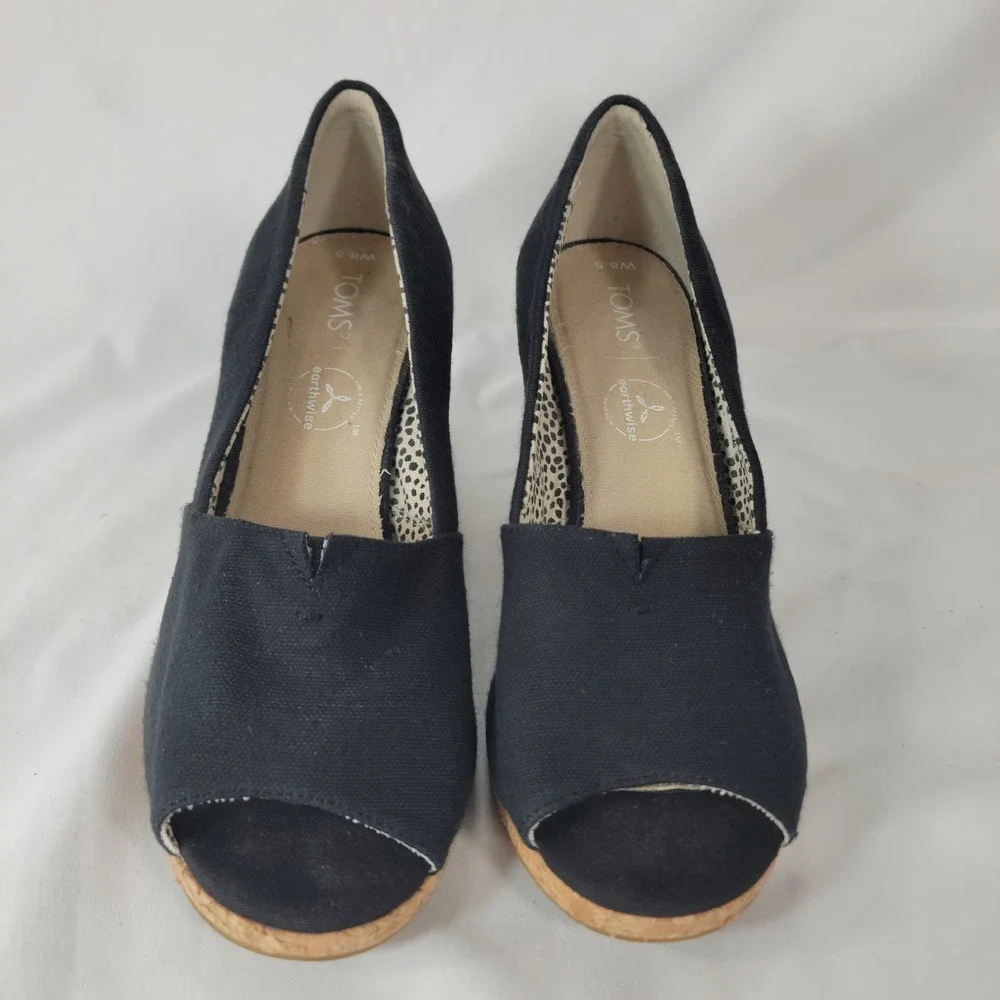 TOMS Canvas Cork Wedge Women 8.5 Black Peep Toe Platform Sandals Boho Chic Beach